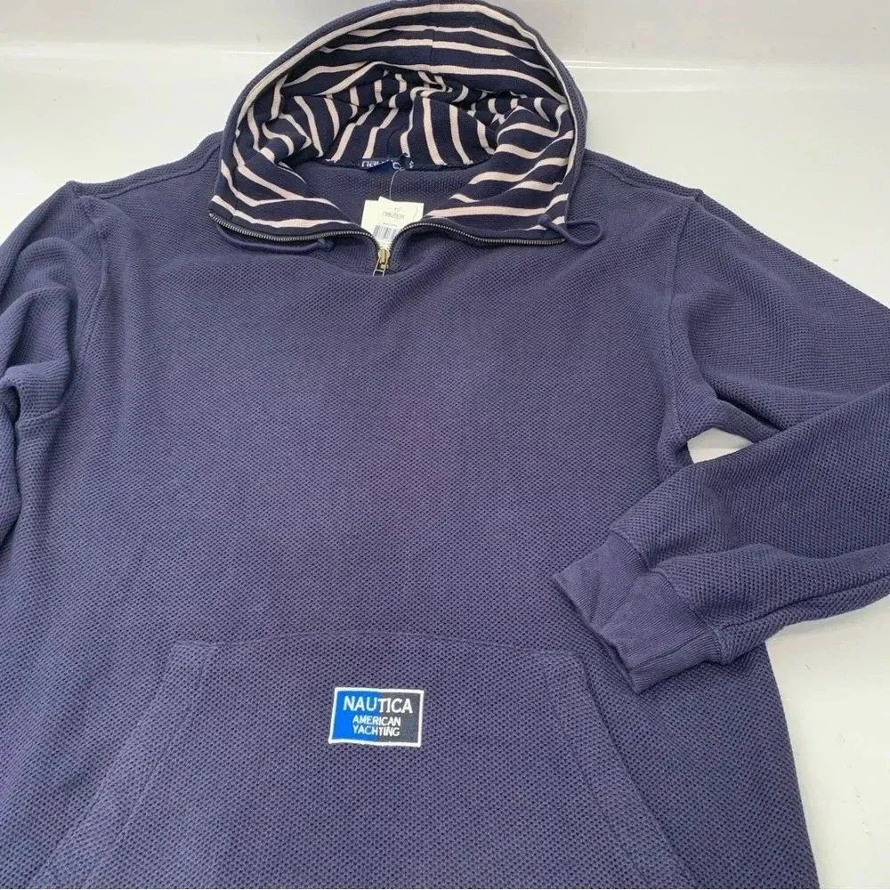 Nautica American Yachting Sweater Men Large 100%% Cotton Hood Navy Blue Oversize